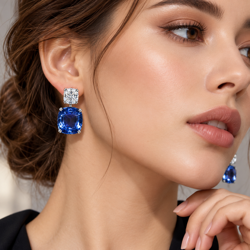 Cushion Cut Two-Tone Blue & White Sapphire Occasion Drop Earrings -1 Pair