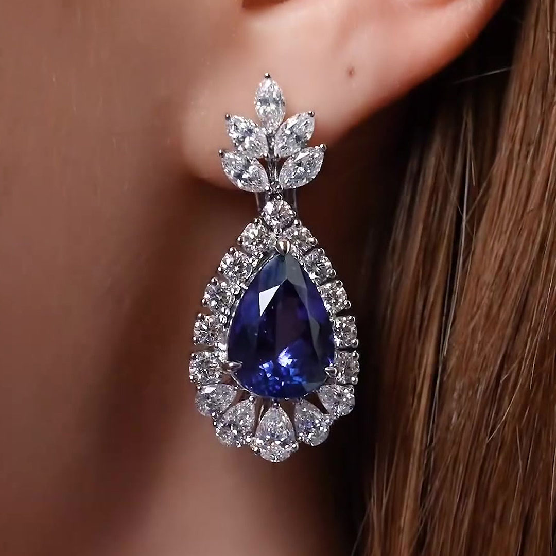 Art Deco White&Blue Sapphire Necklace&Earrings Set/2pcs