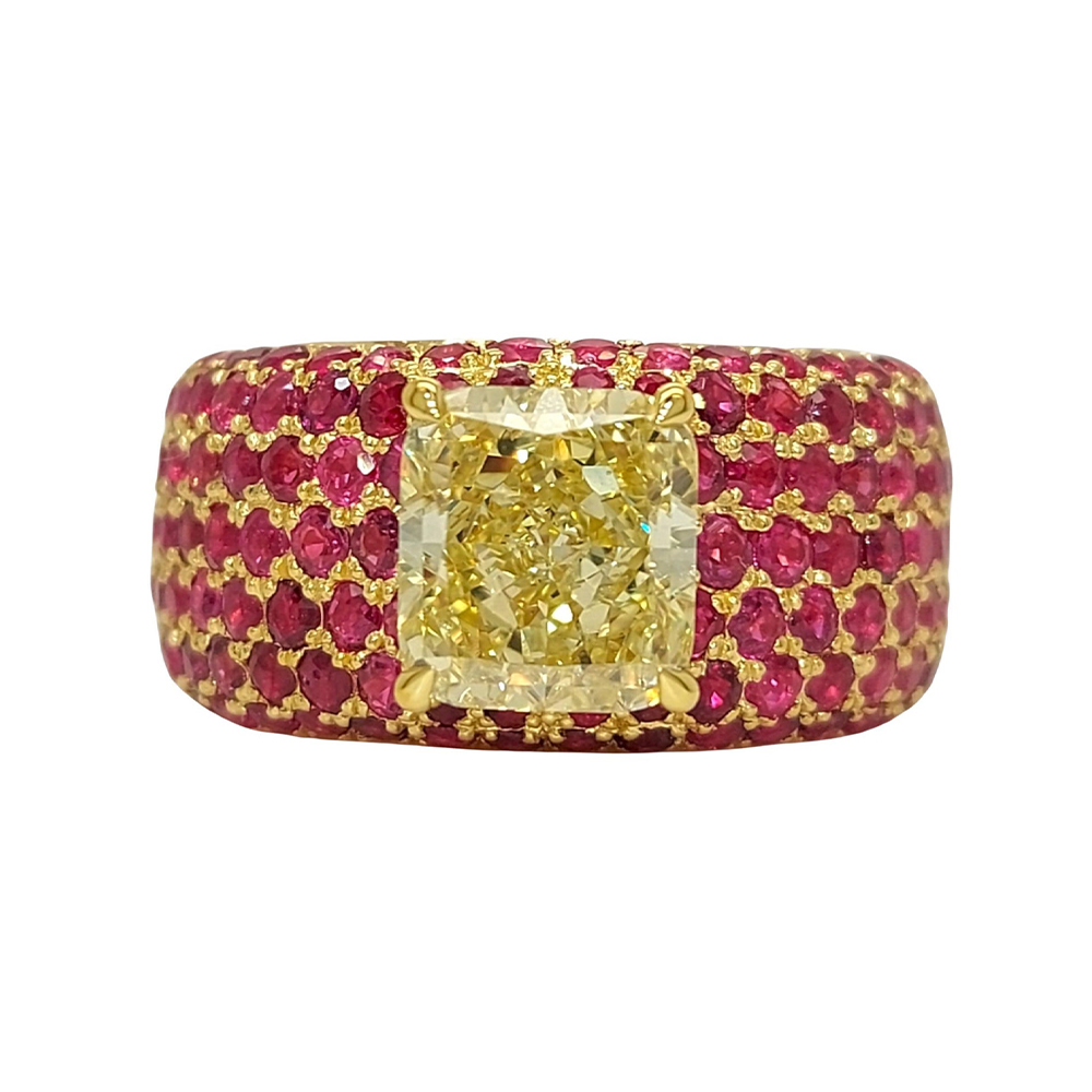 7ct Radiant Cut Fancy Yellow Sapphire Ring &Ruby Paved