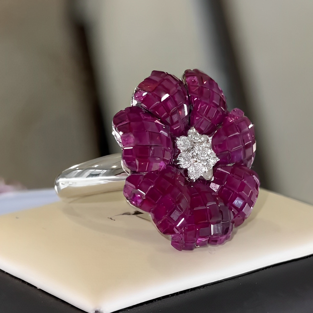 Flower Design 9.6ct Ruby&White Sapphire Cocktail Ring