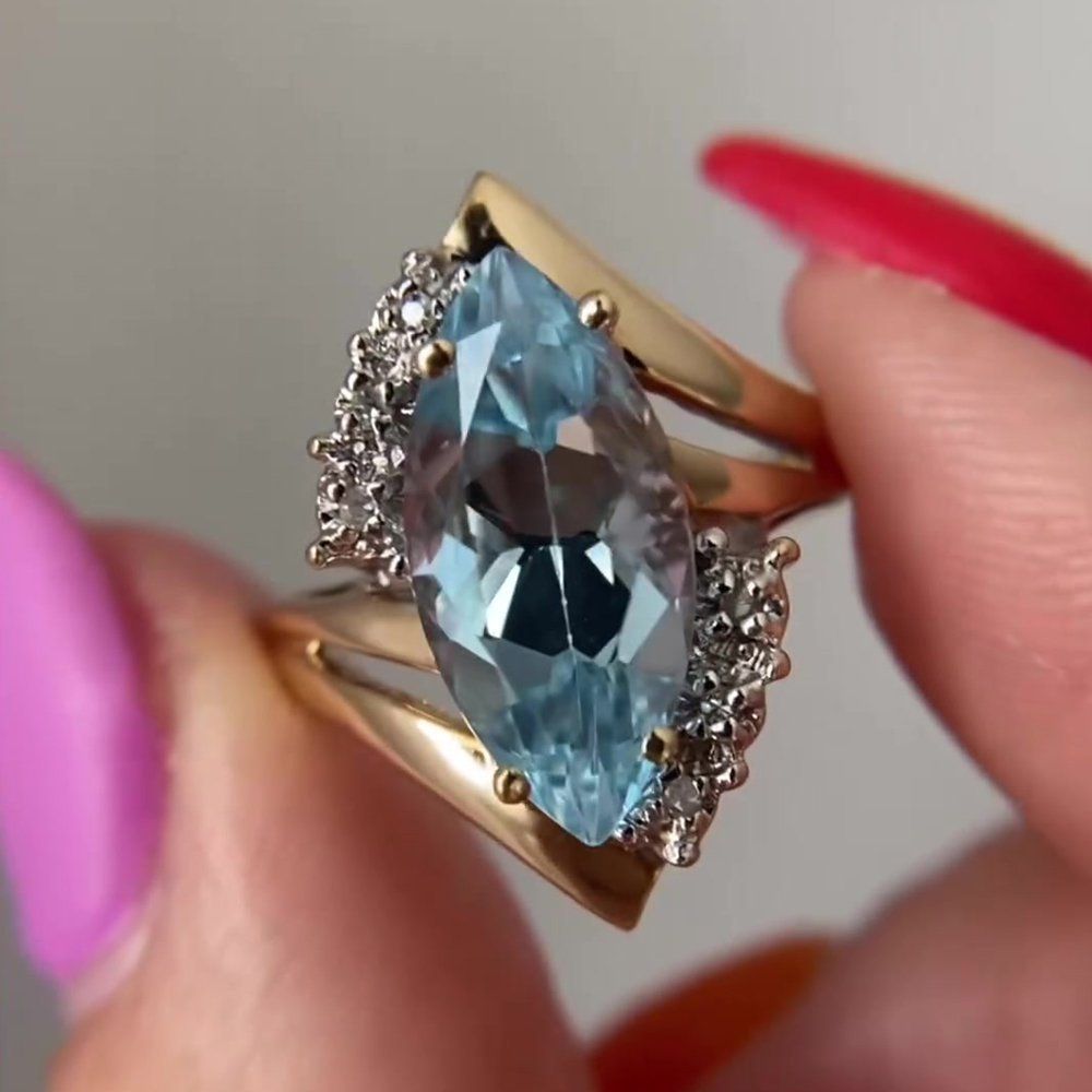 Bypass Design 3.5ct Marquise Cut Aquamarine Sapphire Engagement Ring