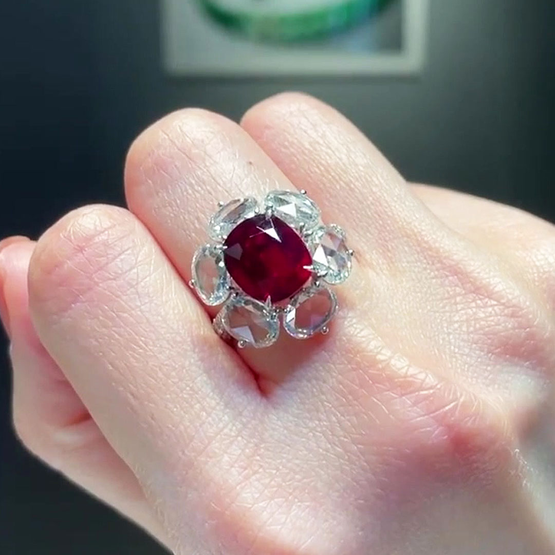 Floral Design 5ct Cushion Cut Ruby Sapphire Engagement Ring