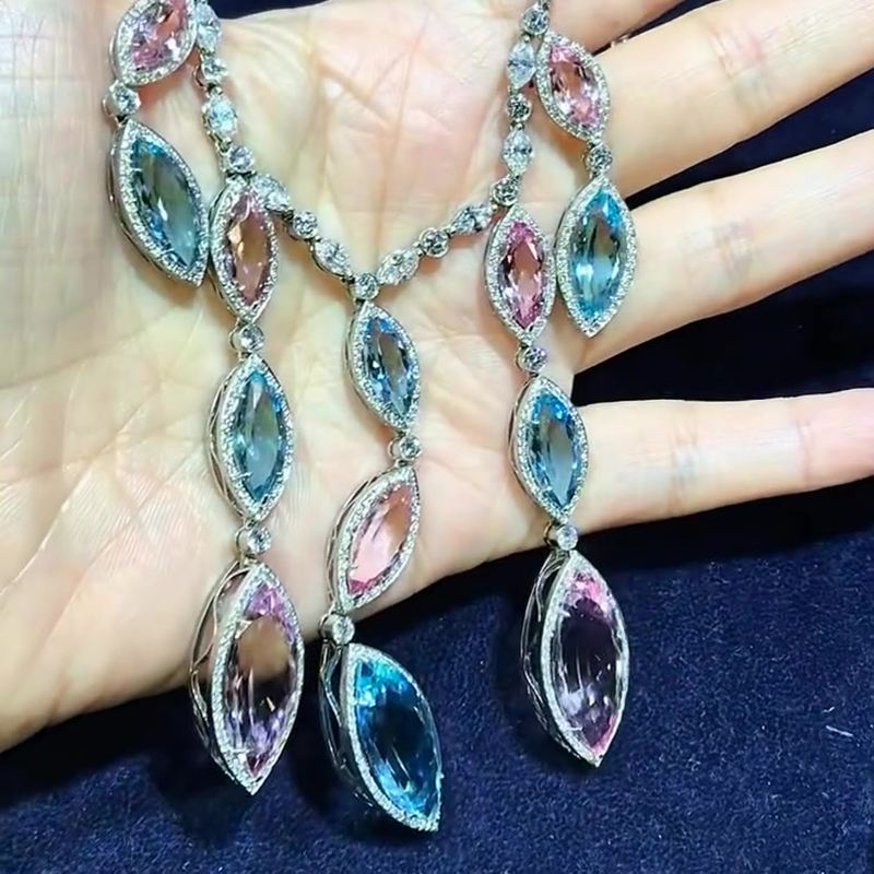 Marquise Cut Pink & Aquamarine Cascading Fringe Statement Necklace