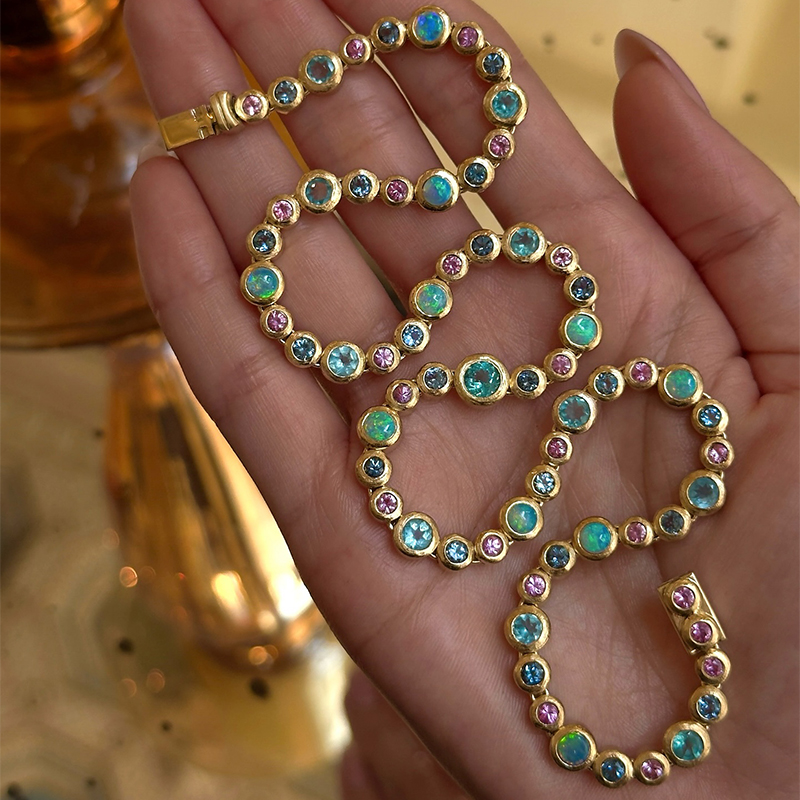 Fashion Round Cut Opal & Multicolor Sapphire Tennis Necklace