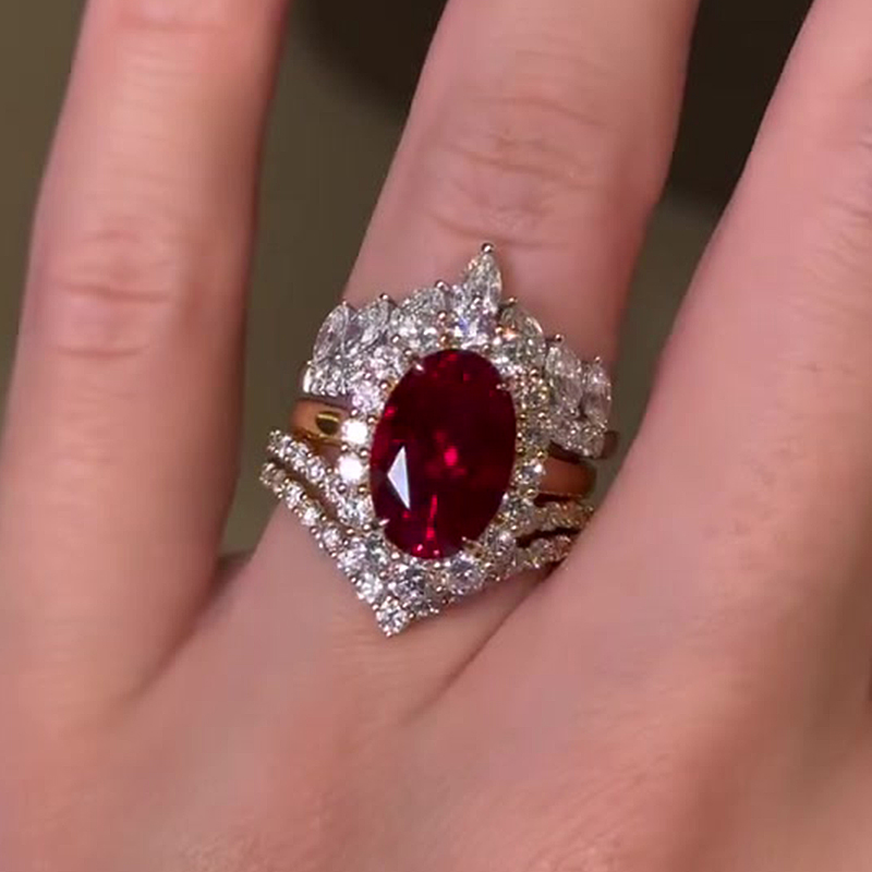 Halo 4ct Oval Cut Ruby Sapphire Wedding Set/3pcs