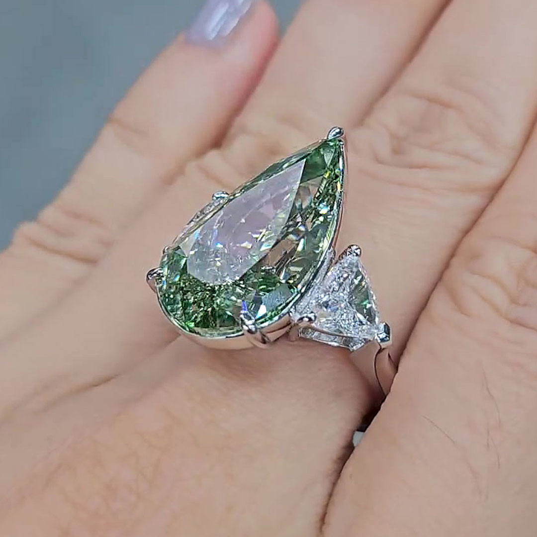 5ct Three-stone Pear Cut Green Ice Dapple Sapphire Engagement Ring