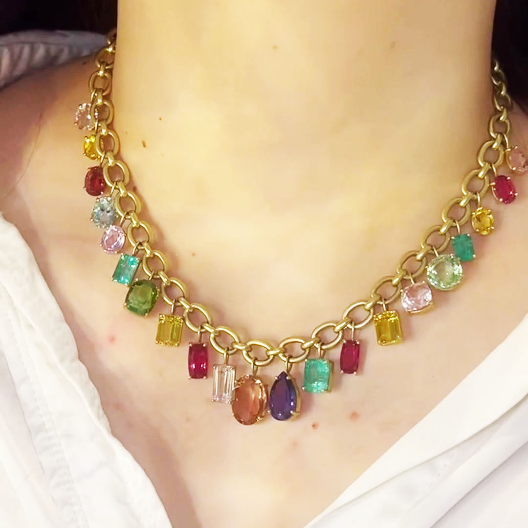 Multi-Cut Rainbow Sapphire Chain Pendant Necklace