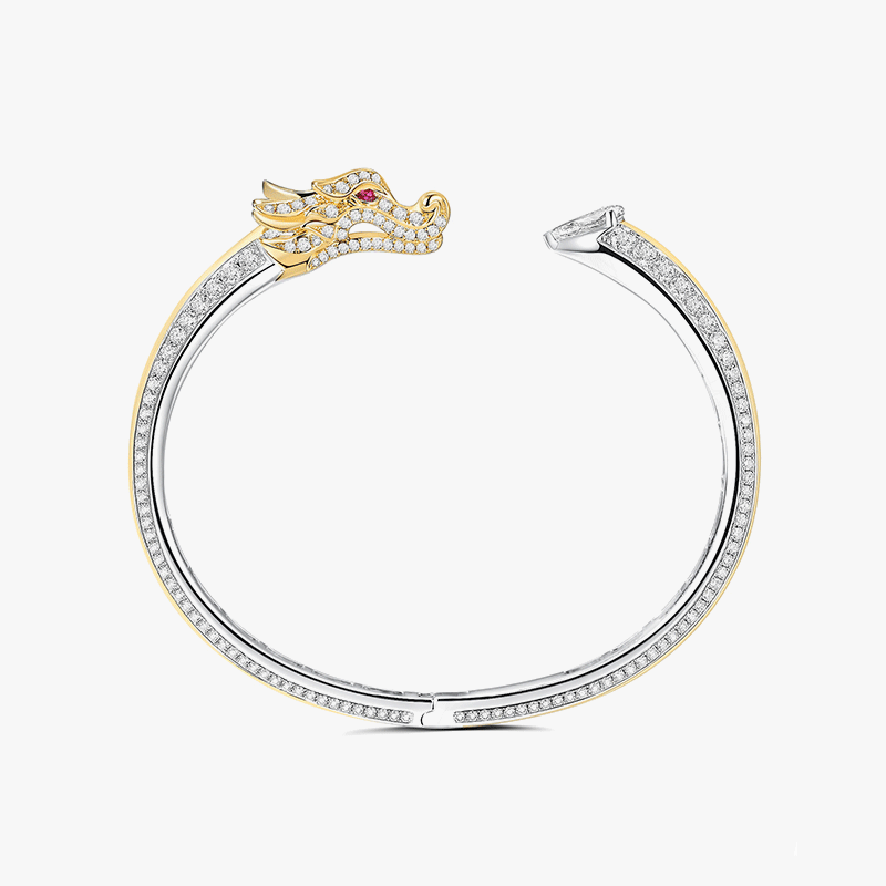 Art Multi-Cut White & Ruby Sapphire Two-Tone Dragon Open Cuff Unisex Bracelet