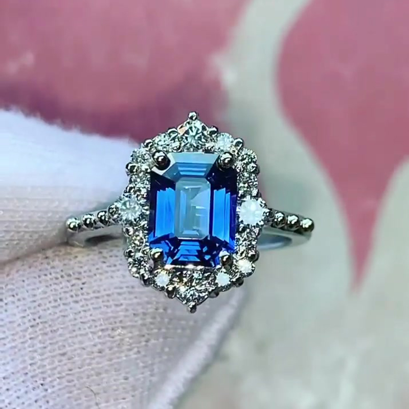 2.8ct Emerald-Cut Blue Sapphire Vintage Halo Ring