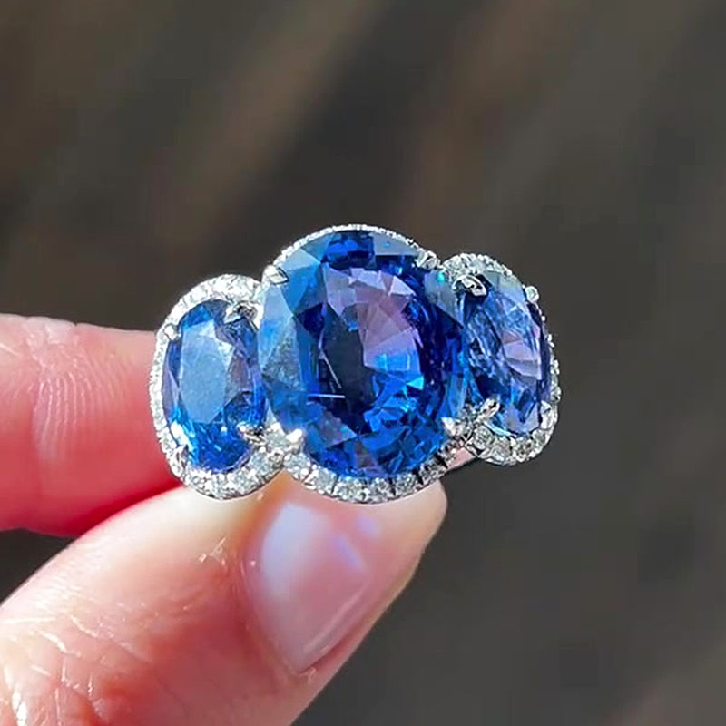 Fashion 7ct Three-stone Oval Cut Blue Sapphire Engagement Ring