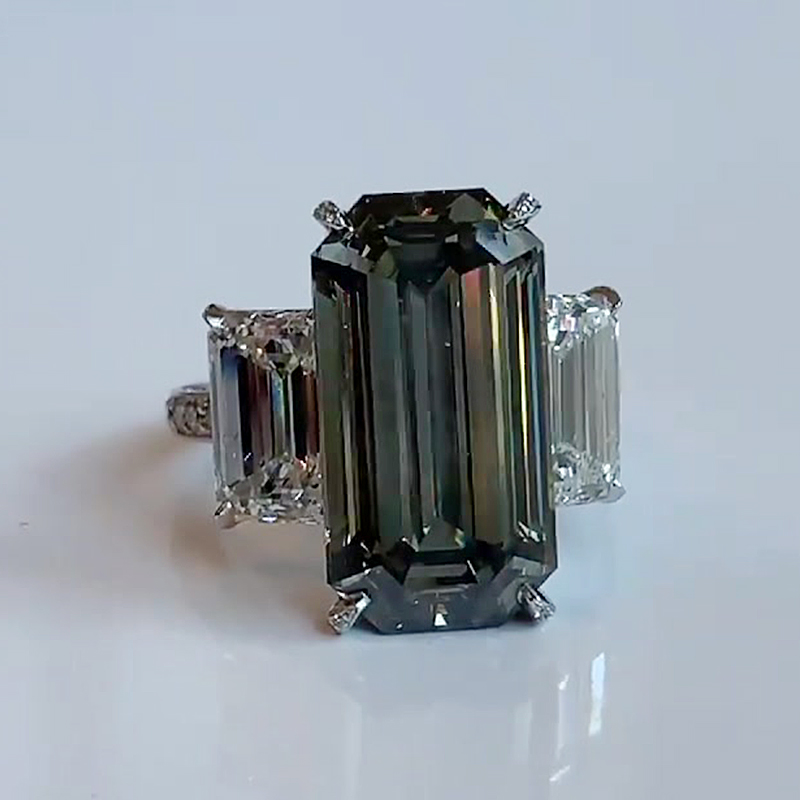 Three Stone 5ct Emerald Cut Deep Peridot Sapphire Ring