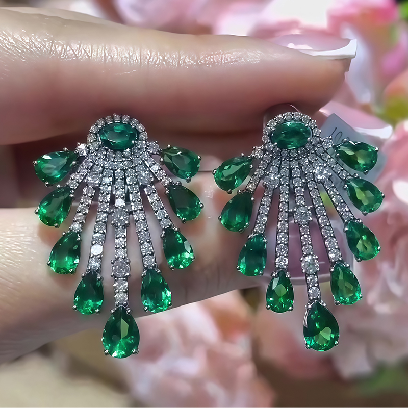 Art Deco 8ctw Pear Cut Vivid Green Emerald Sapphire Chandelier Earrings