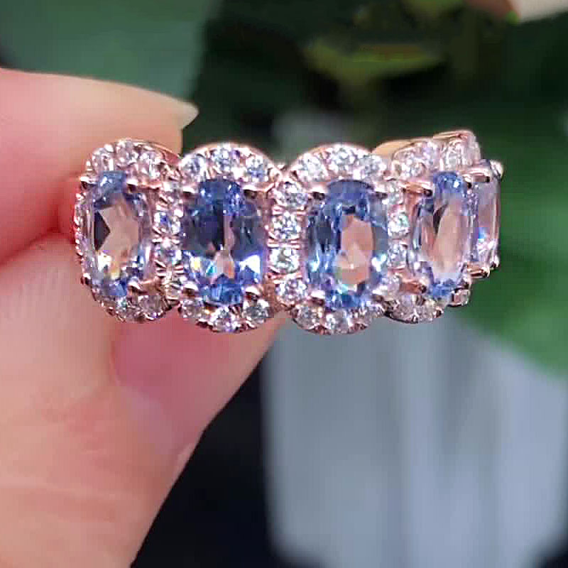 6.25ct Five -stone Halo Oval Aquamarine Ruby Sapphire Eternity Ring