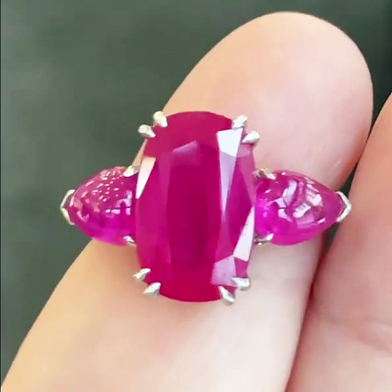 6ct Three Stone Elongated Cushion Cut Ruby Sapphire Engagement Ring