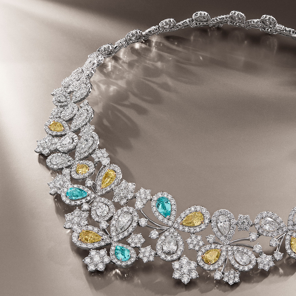 Floral Cluster White Sapphire & Multi-Color Sapphire Pear Cut Statement Choker