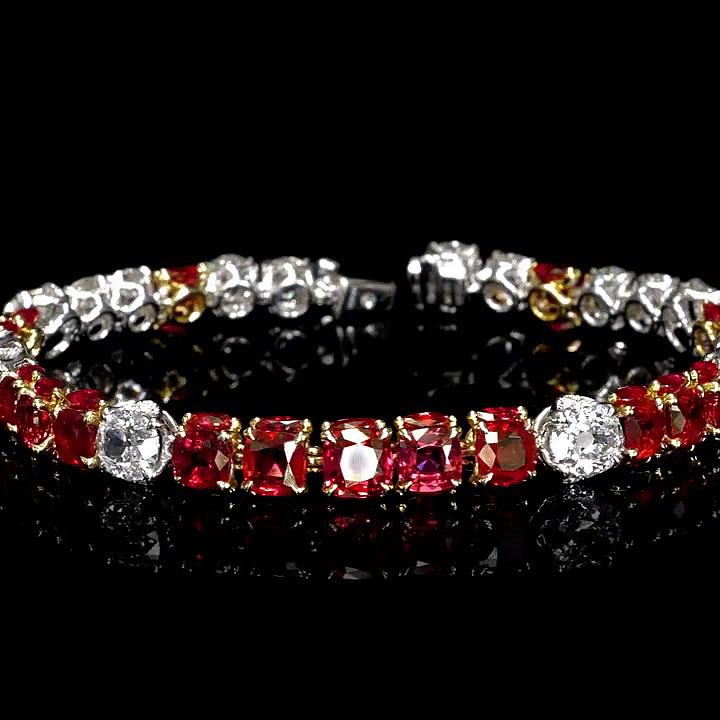 Cushion&Round Cut Ruby&White Sapphire Chain Bracelet