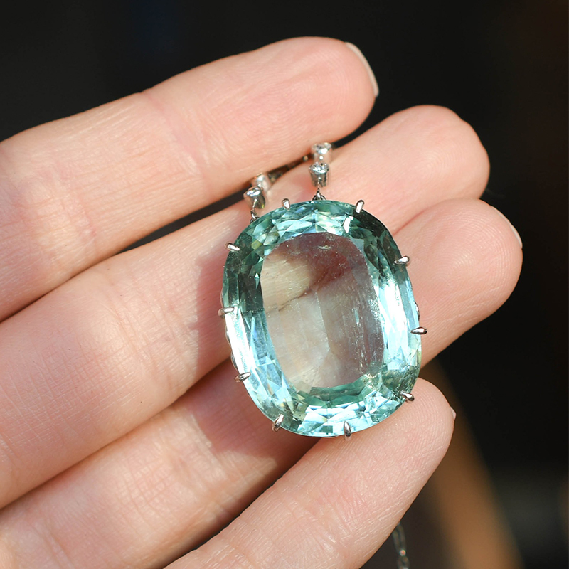 Edwardian 42.96ct Aquamarine Pendant & Diamond Chain