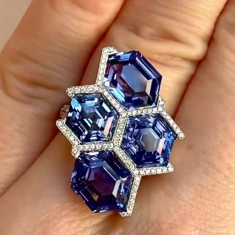 Geometric 12ctw Hexagon Cut Blue Sapphire Ring