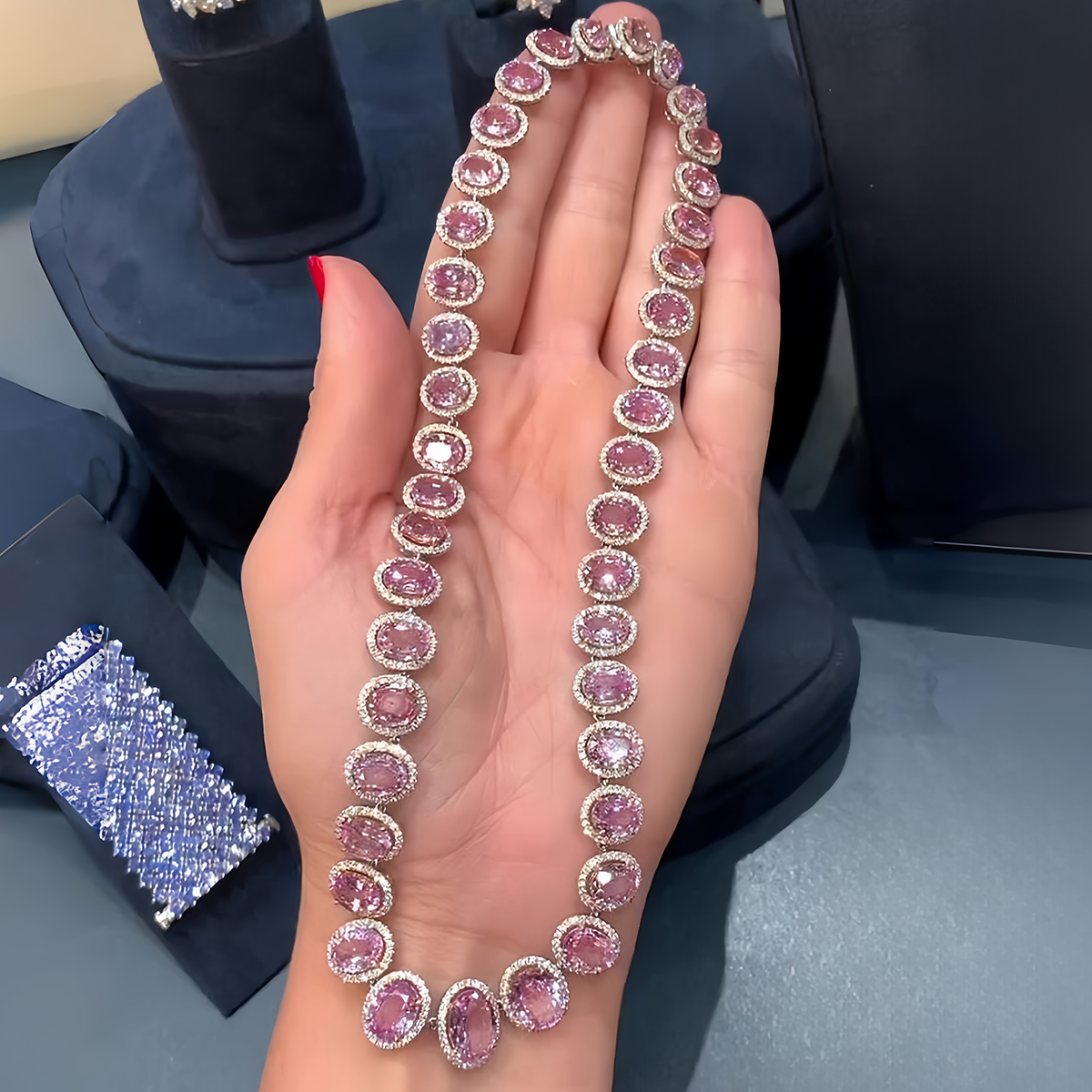 Oval Cut Pink Sapphire Full Diamond Necklace