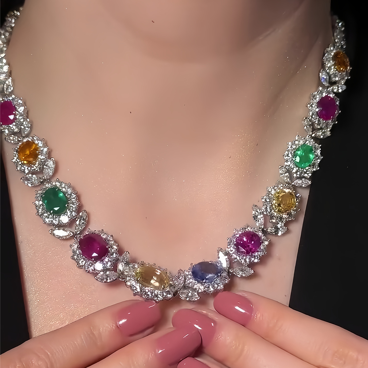 Floral Design Oval Cut Multi-Gemstone Necklace