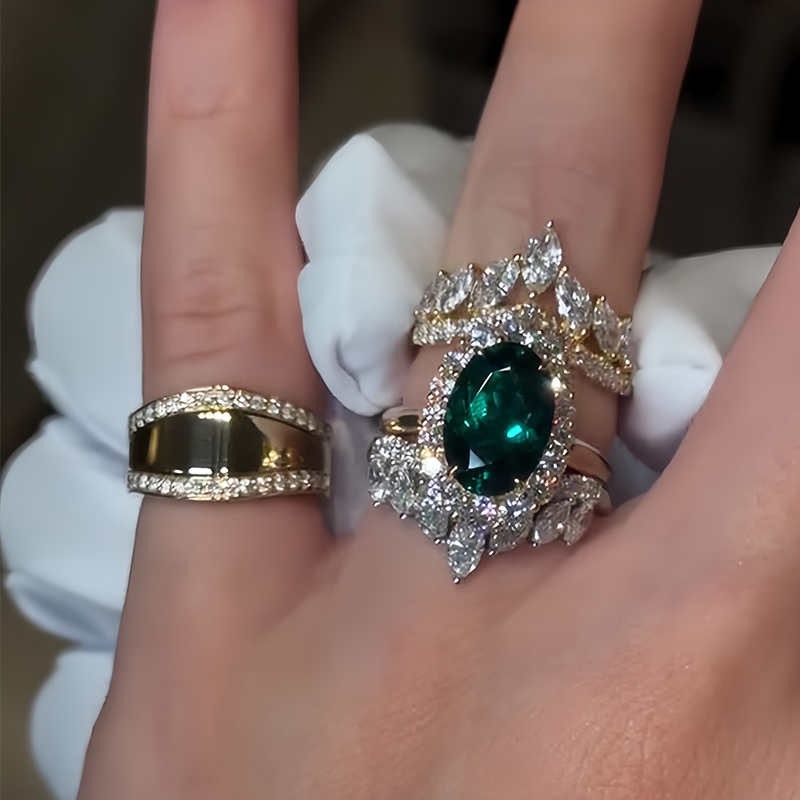 Halo 4ct Oval Cut Emerald Sapphire Wedding Set/3pcs