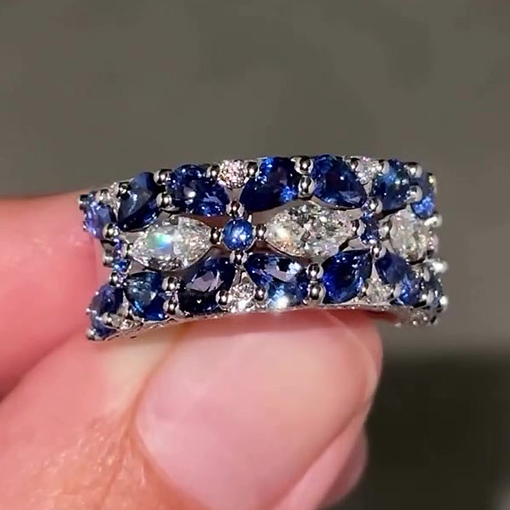 5.25ct Multi-Cut Blue&White Sapphire Wedding Band