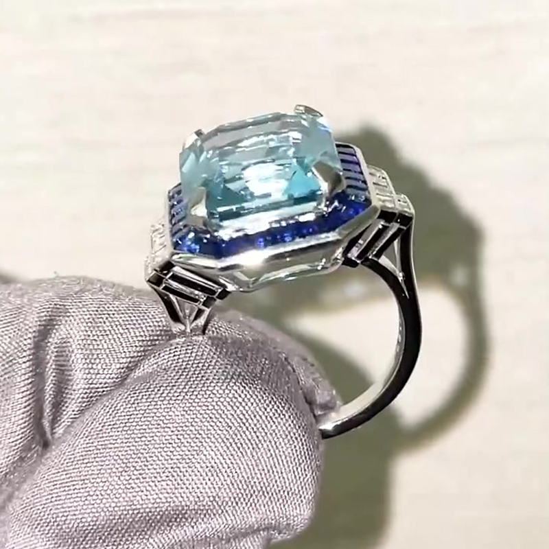 5ct Emerald Cut Aquamarine & Sapphire Cocktail Ring