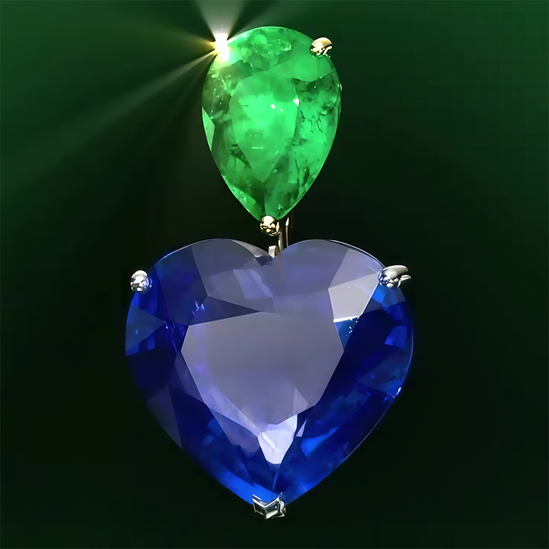 Heart Cut Blue Sapphire & Pear Cut Emerald Drop Earrings