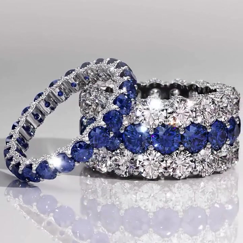 Two Style Round Cut Sapphire&Diamond Wedding Band