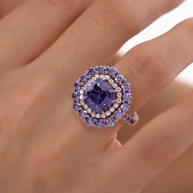 Double Halo 3ct Radiant Cut Amethyst Sapphire Engagement Ring