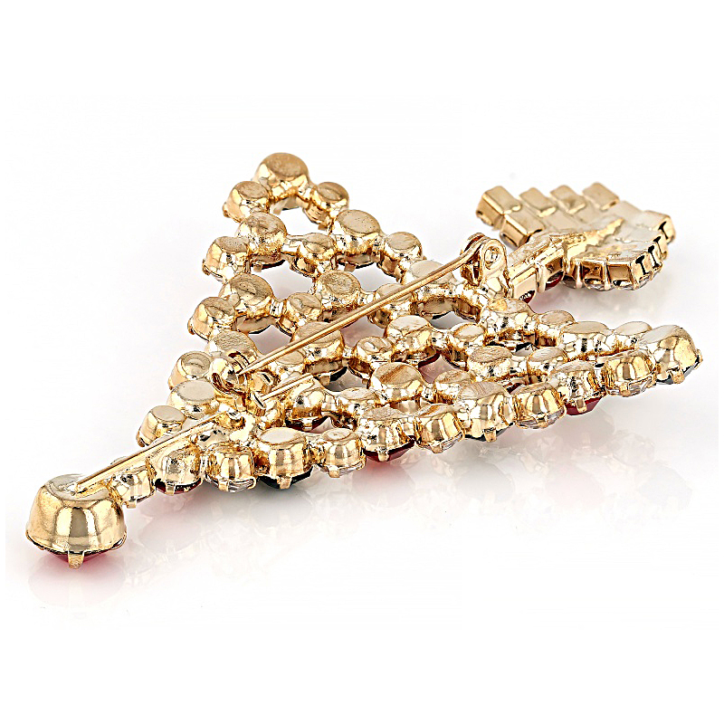 Holiday Round Cut Red, Green & White Sapphire Christmas Tree Brooch