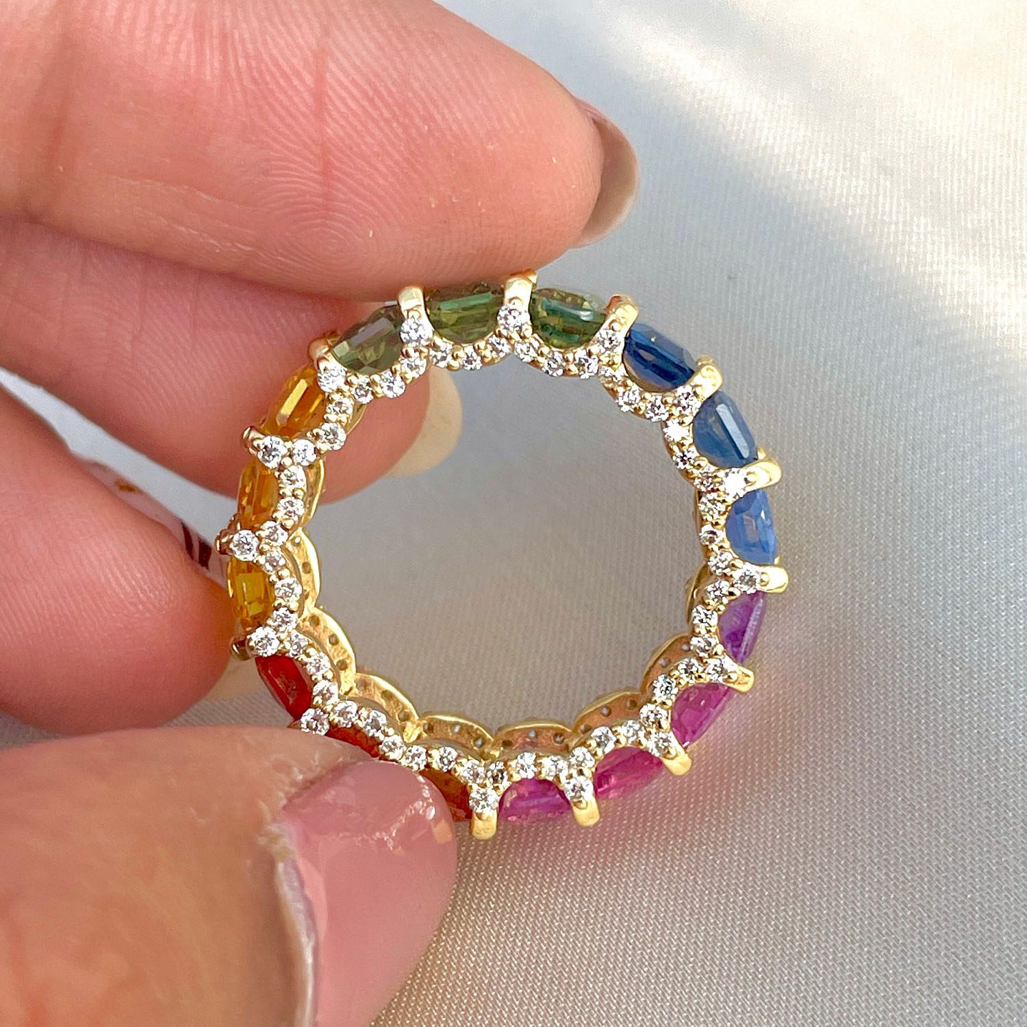 6.75ct Emerald Cut Rainbow Sapphire Eternity Ring