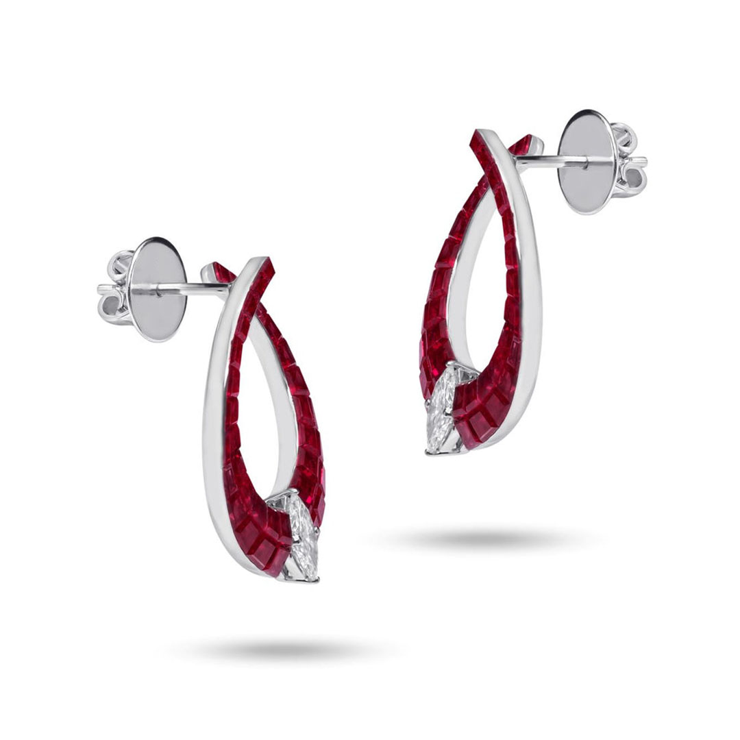 Marquise&Baguette Cut Ruby&White Sapphire Hoop Earrings