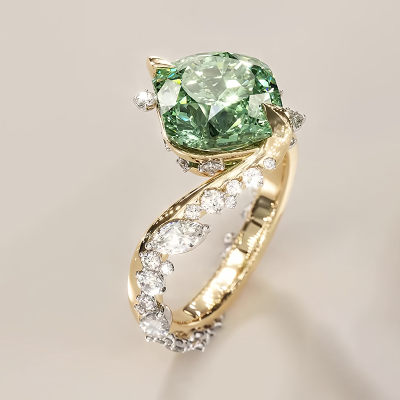 3ct Cushion Cut Mint Green Sapphire & White Sapphire Asymmetrical Cluster Ring
