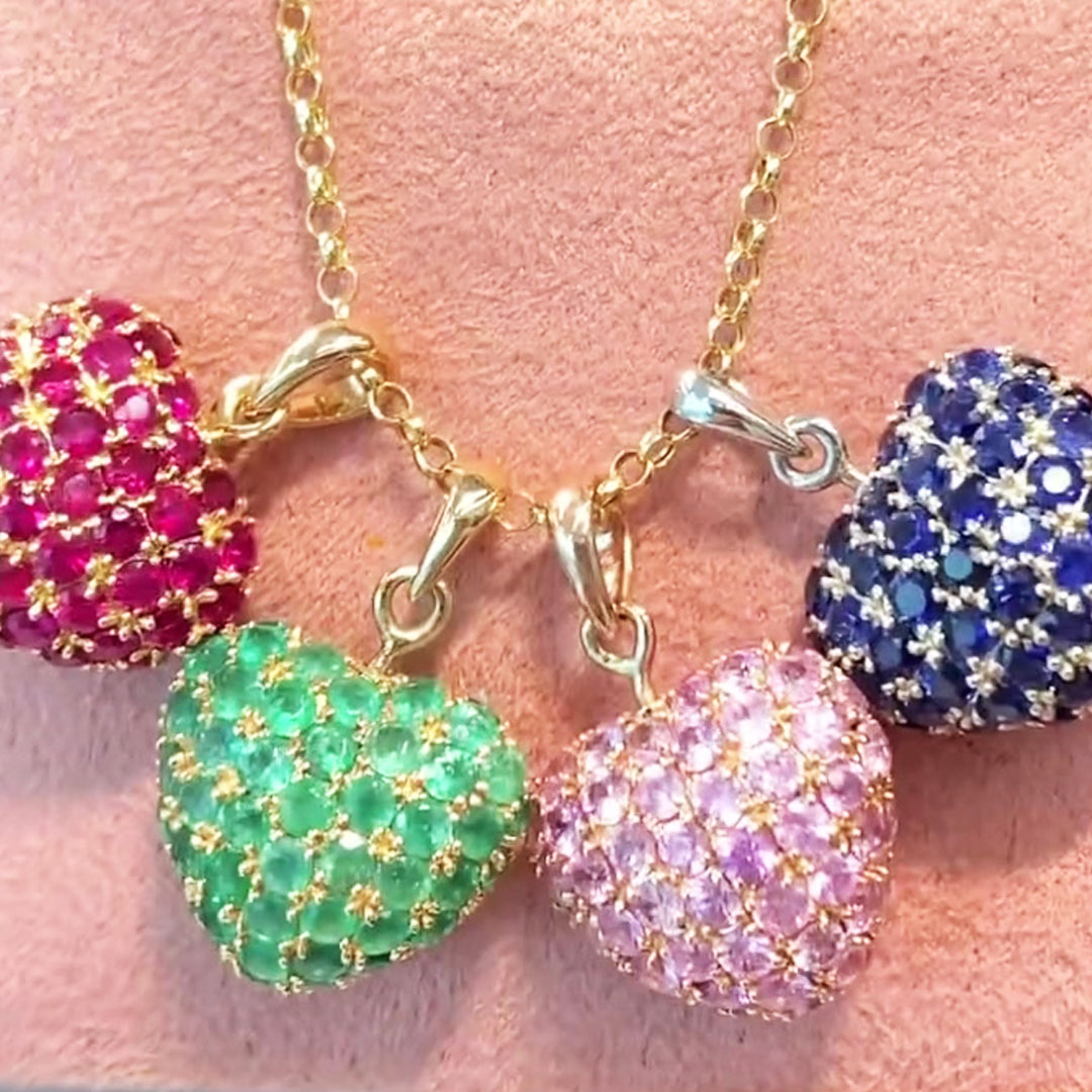 Round Cut Mulit-color Puffy Heart Pendant Necklaces