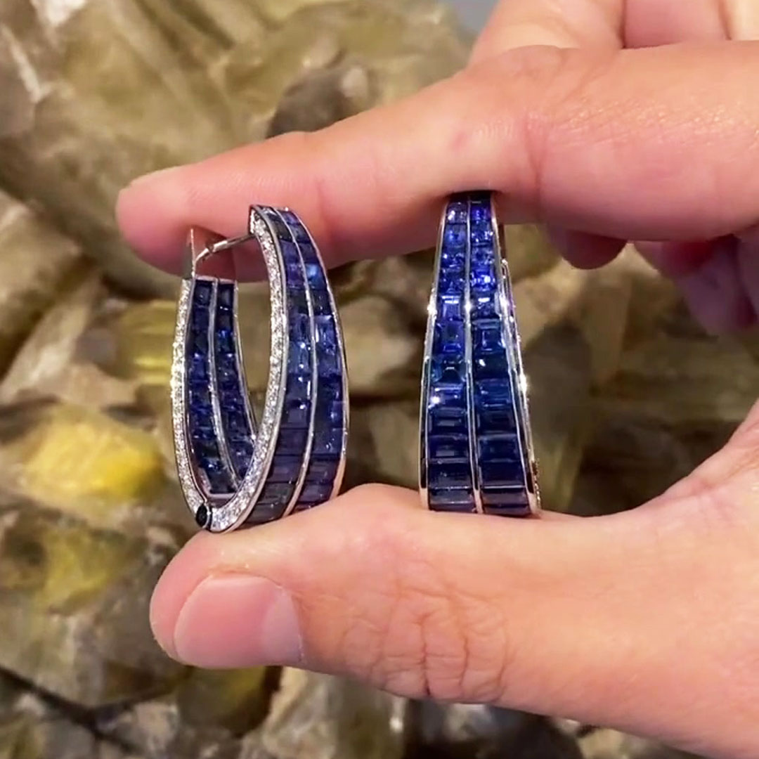 Invisible Setting Blue Sapphire Inside-out Hoop Earrings