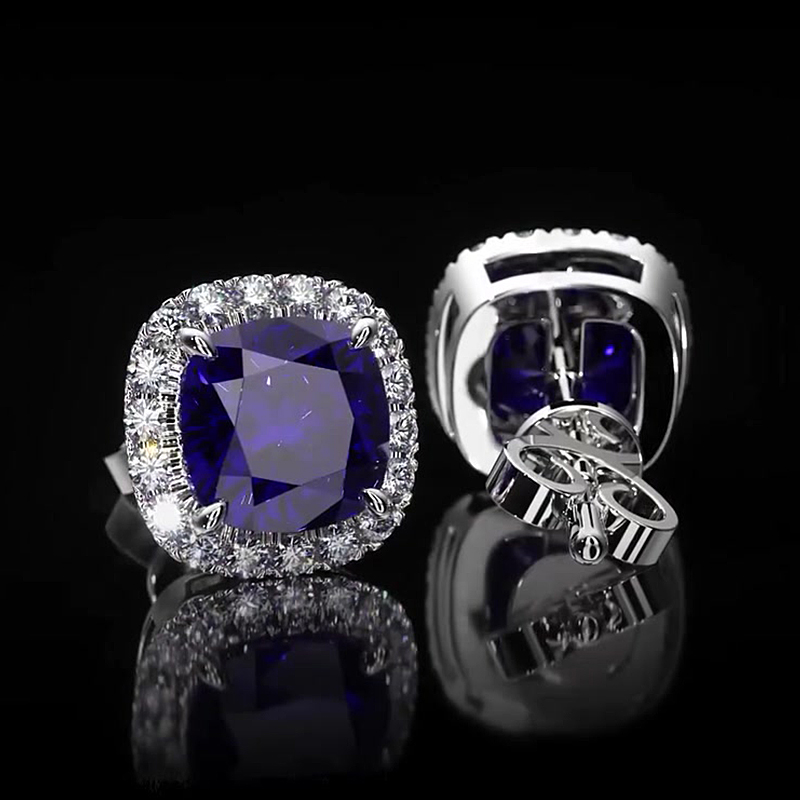 Blue Sapphire Cushion Cut Halo Stud Earrings