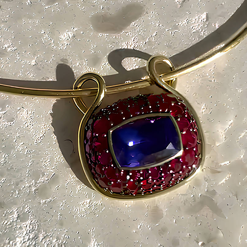 Longevity Lock Design Blue&Ruby Sapphire Two Tone Choker Necklace