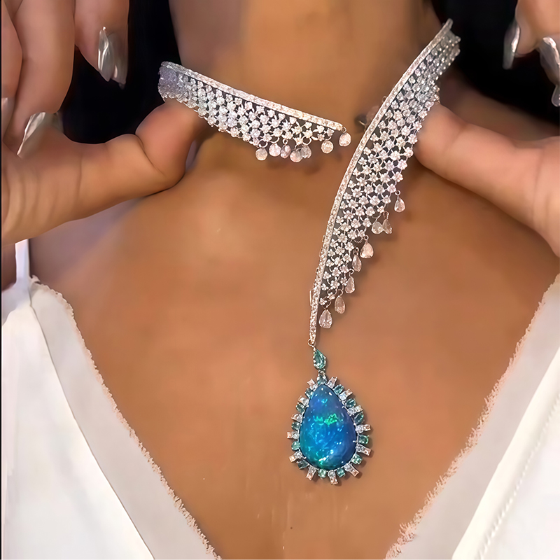 Opal & White Sapphire Convertible Multi-Row Choker Necklace