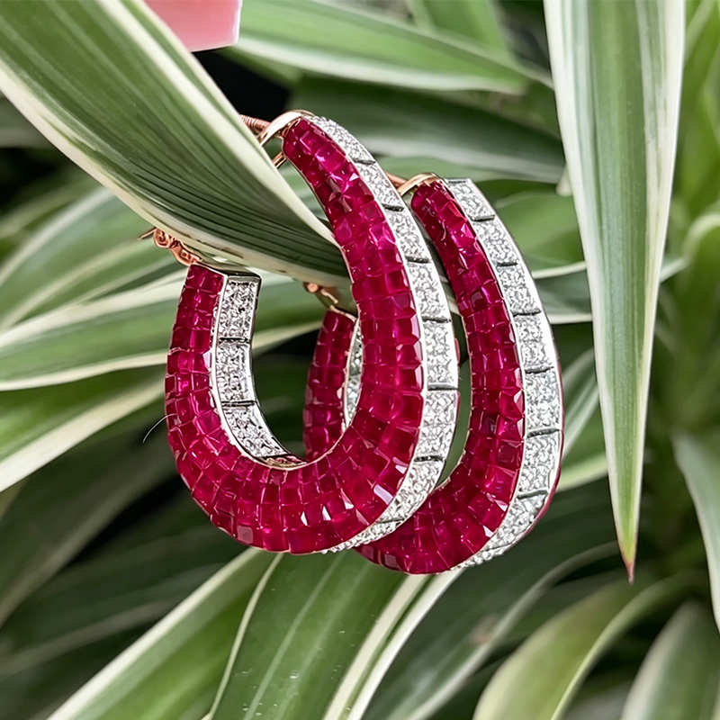 Invisible Princess Cut Ruby Sapphire U Shaped Hoop Earrings