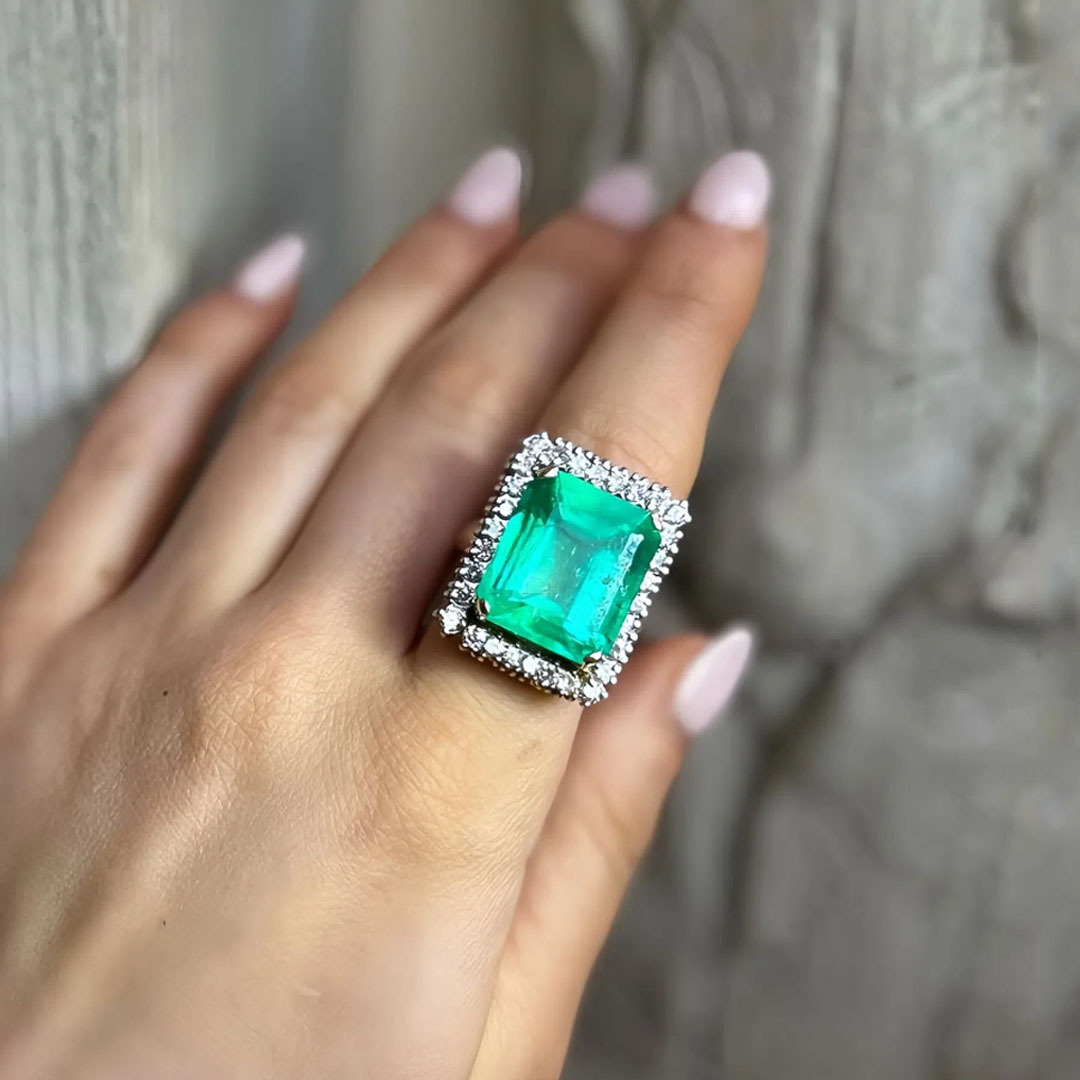 Under Halo 10ct Emerald Cut Emerald Sapphire Engagement Ring