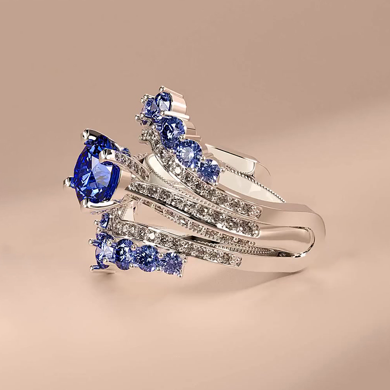 Dramatic Regal 3ct Round Cut Blue Sapphire Ring Set / 2 pieces