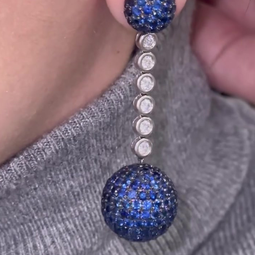 Ball Design Round Cut Sapphire&Diamond Dangle Earrings