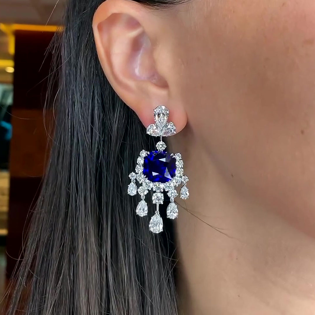 Art Design Blue&White Sapphire Dangle Earrings