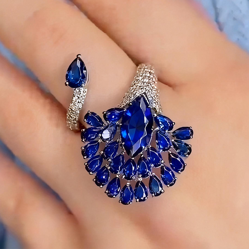Fan Cluster Blue Sapphire Round & Pear Cut Cocktail Ring