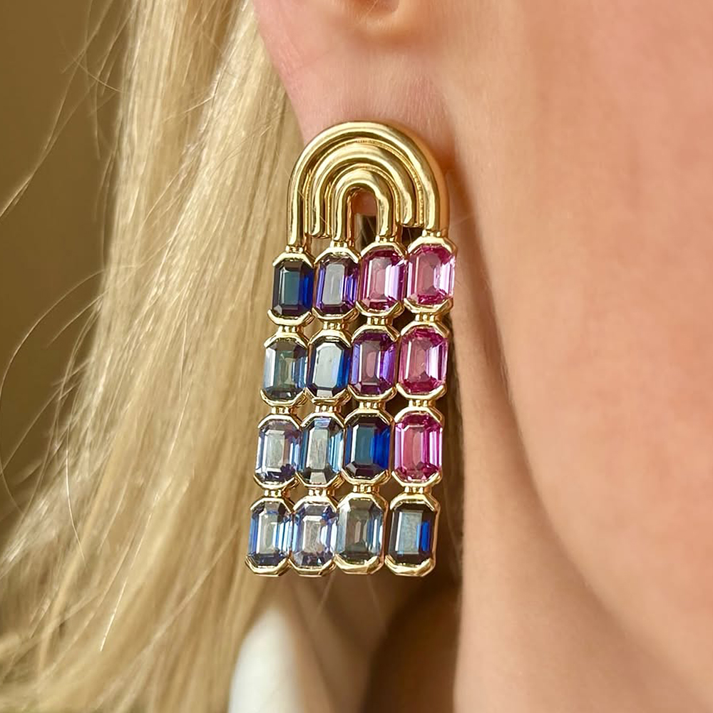 Tassel Design Rainbow Sapphire Bezel Setting Drop Earrings