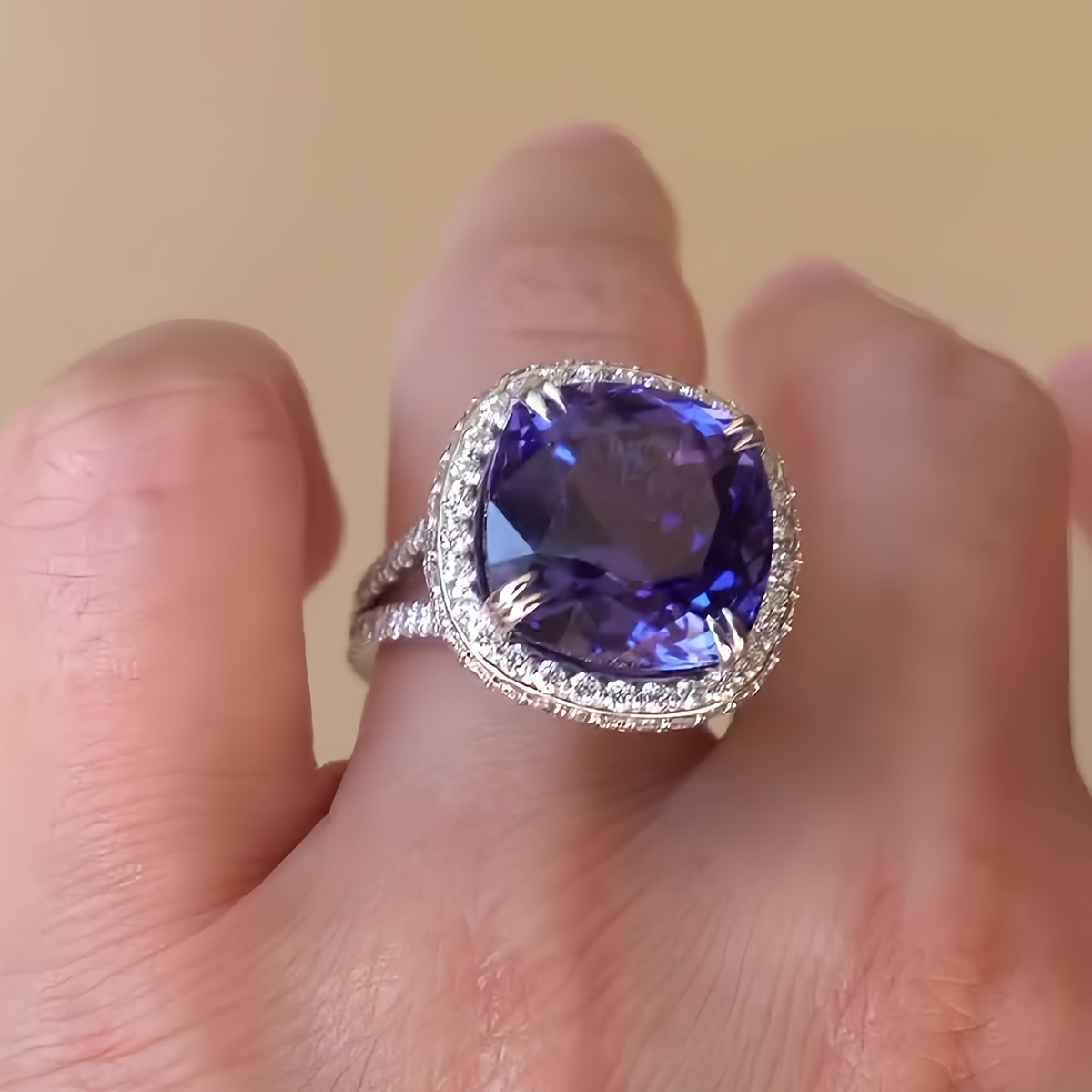 3.8ct Cushion Cut Purple Sapphire Halo Diamond Ring