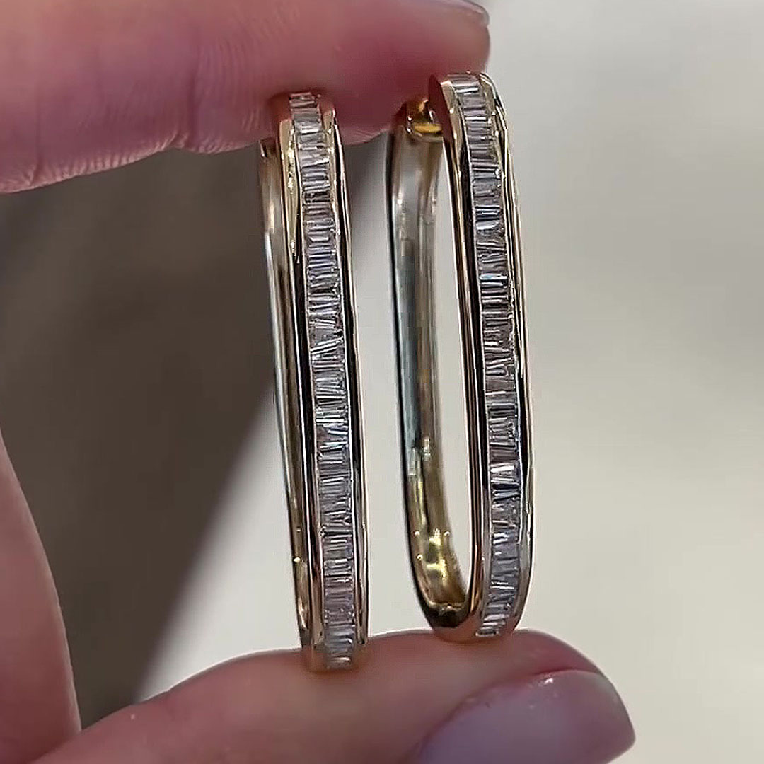 Emerald&Trapezoid Cut White Sapphire Hoop Earrings