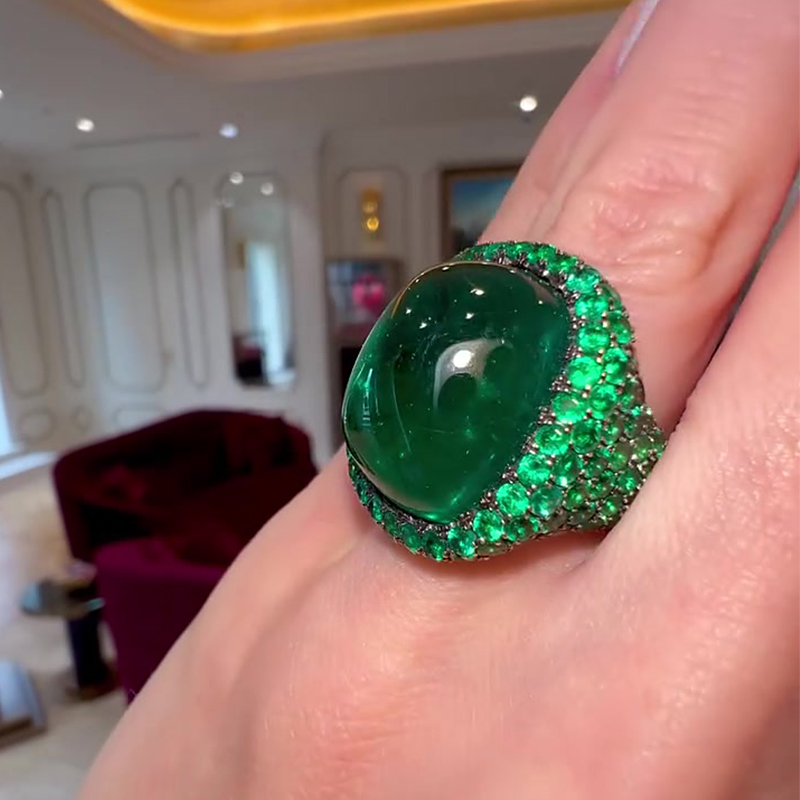 Full Pavé 8ct Emerald Sapphire Cabochon Cut Engagement Ring