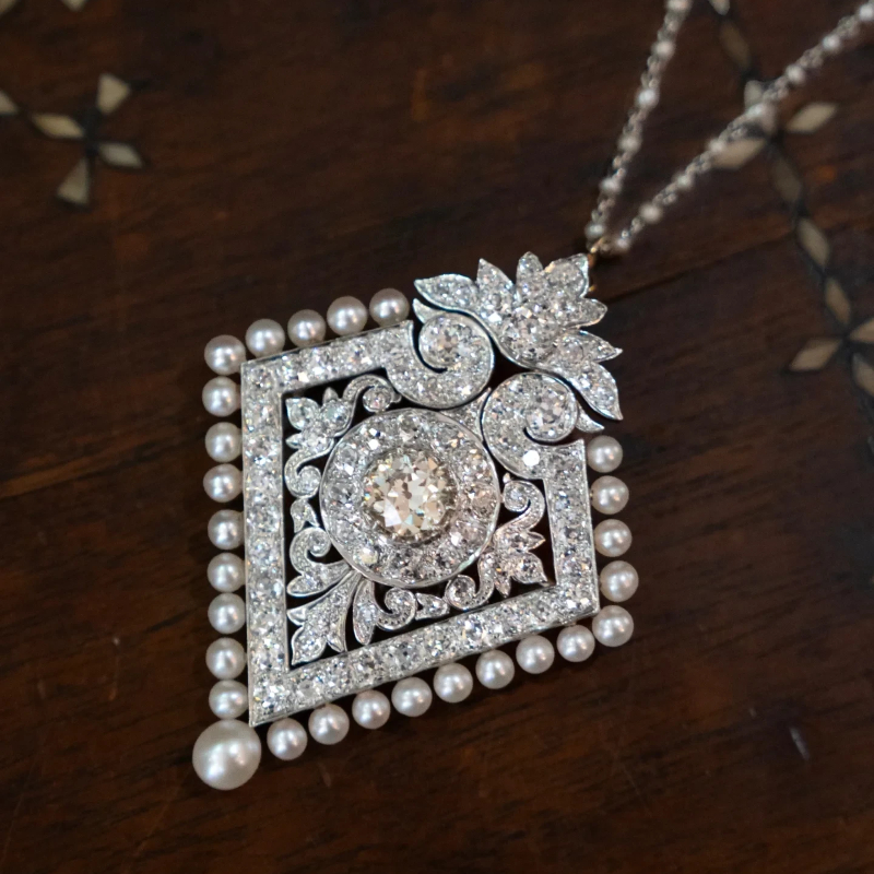Convertible White Sapphire & Pearl Vintage Motif Brooch-Necklace